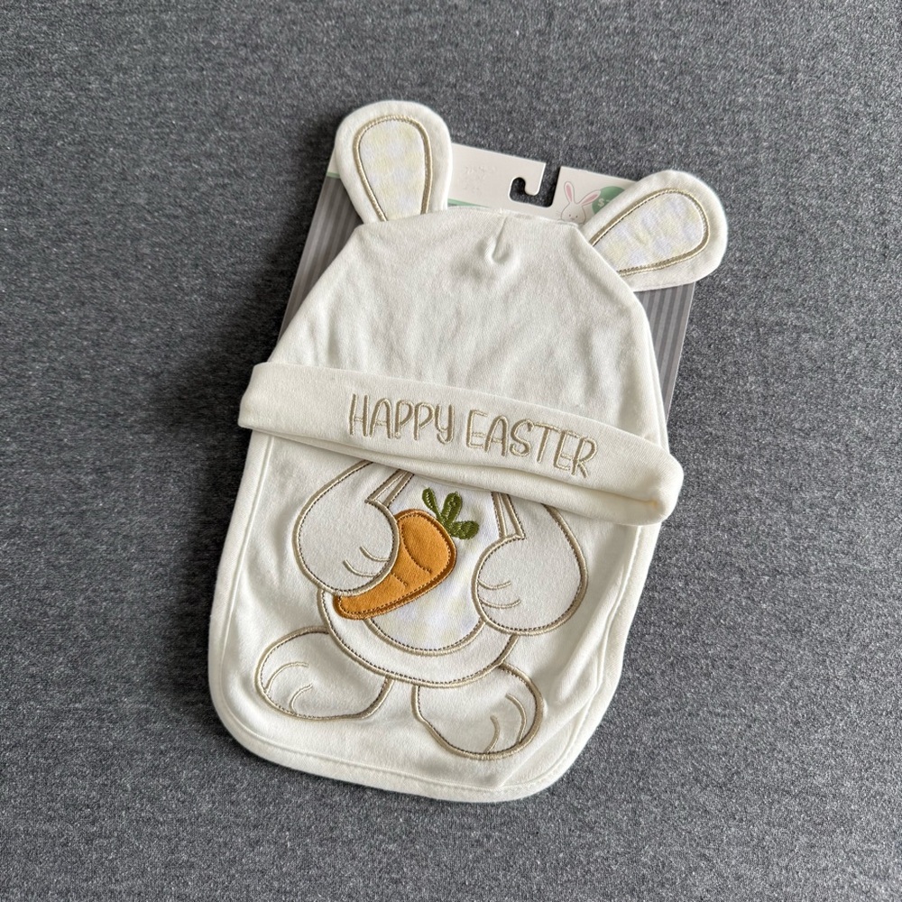 NWT Happy Easter 2 piece Hat & Bib size 0-6 months (Easter bunny)